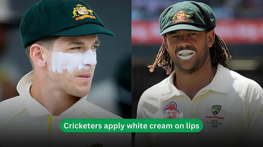 cricketers apply white cream on lips